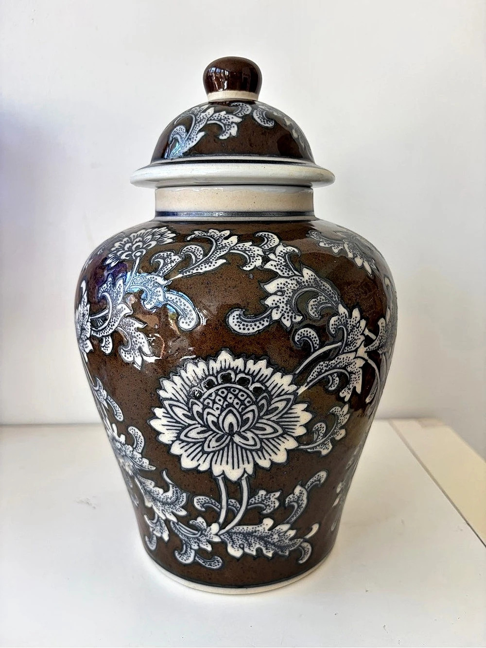Priebe Floral Urn Brown & White Floral Ceramic Ginger Jar w/ Lid, 10 in